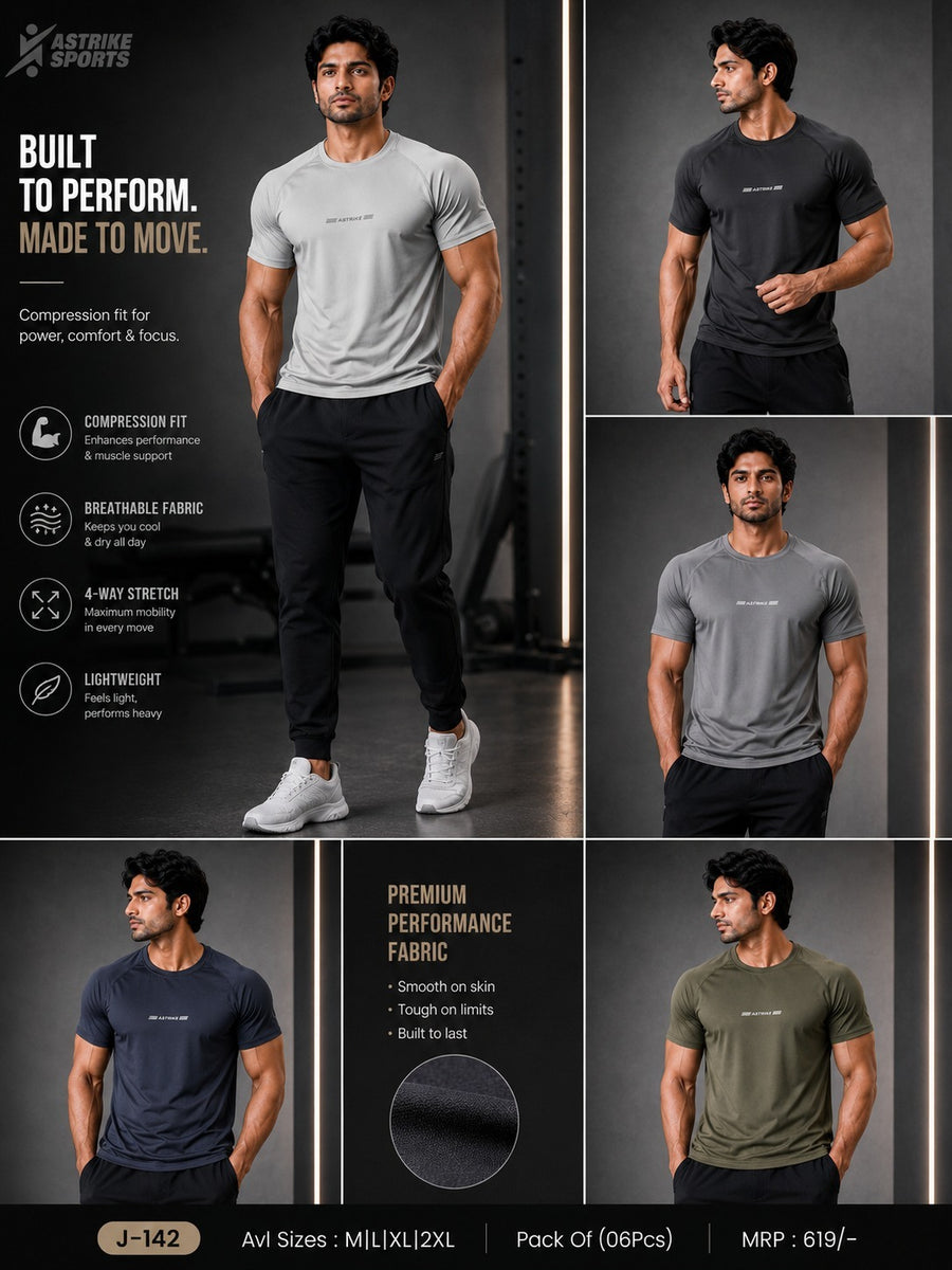 Men Solid Slim Fit Round Neck Compression T-shirt at Wholesale Price J-142 | 6 Pcs Box