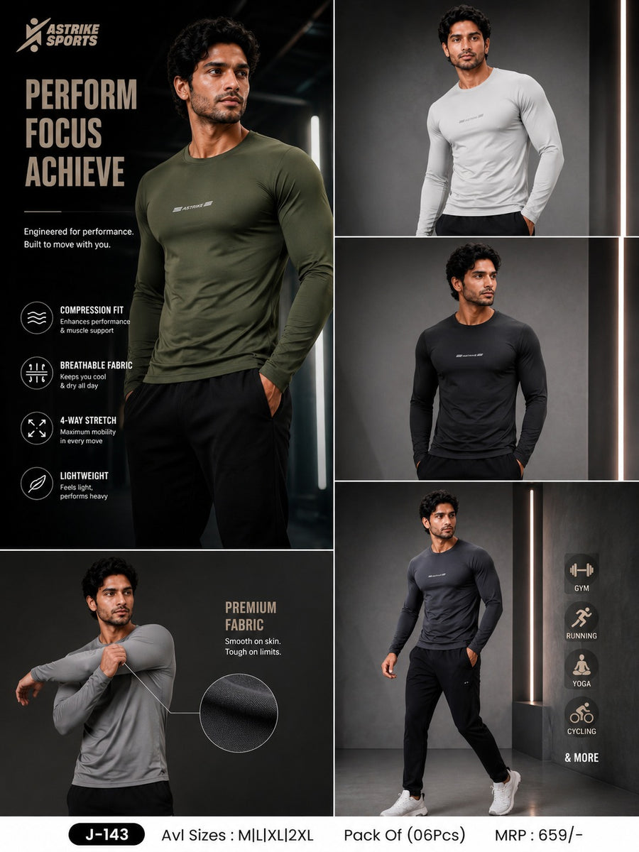 Men Solid Slim Fit Round Neck Compression T-shirt at Wholesale Price J-143 | 6 Pcs Box