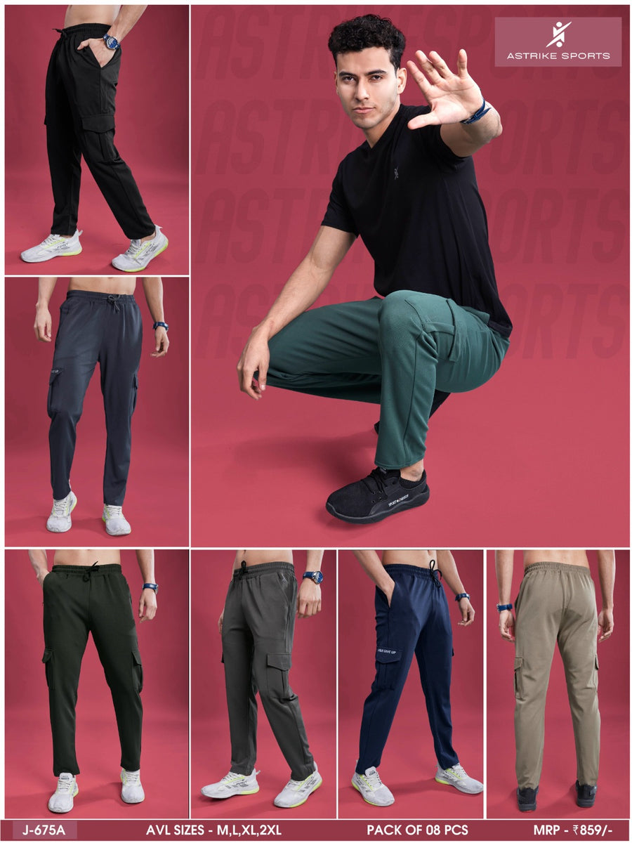 Men Solid Relax Fit Sports Cargo Trackpants at Wholesale Price J 675A | 8 Pcs Box