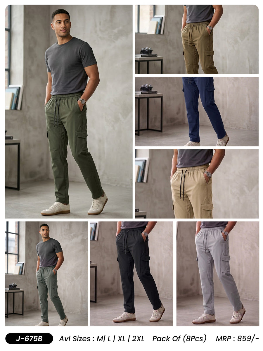 Men Solid Relax Fit Sports Cargo Trackpants at Wholesale Price J-675B New | 8 Pcs Box