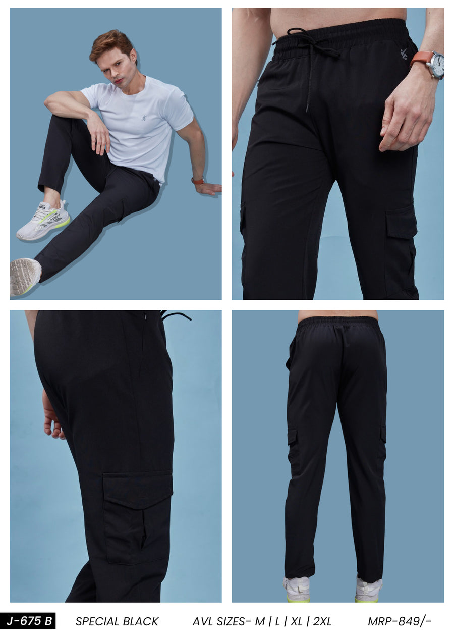 Men Solid Relax Fit Sports Cargo Trackpants at Wholesale Price Special Black J-675-(B) | 4 Pcs Box