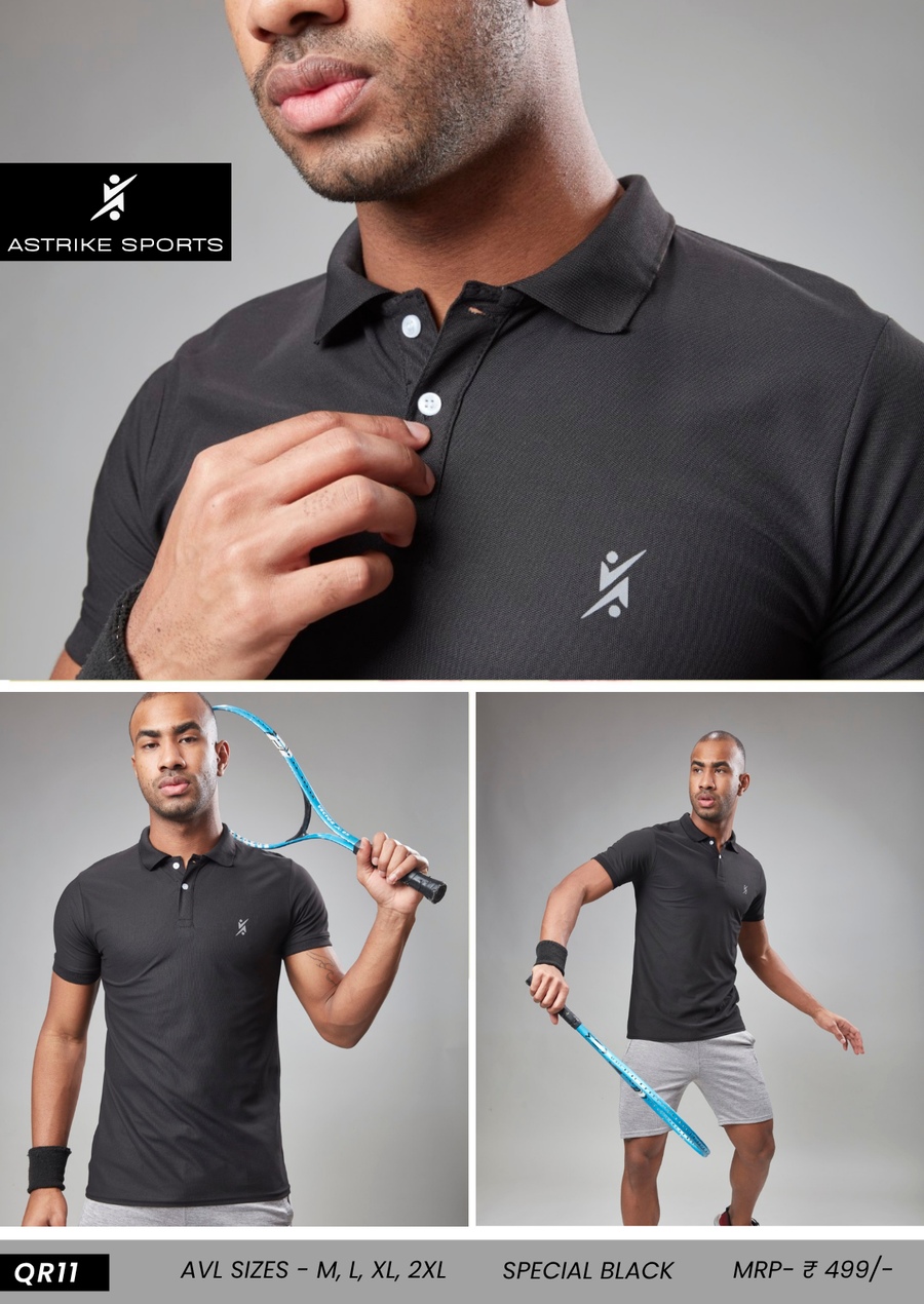 Men Slim Polo Neck T-shirt at Wholesale Price QR 11 Special Black | 4 Pcs Box