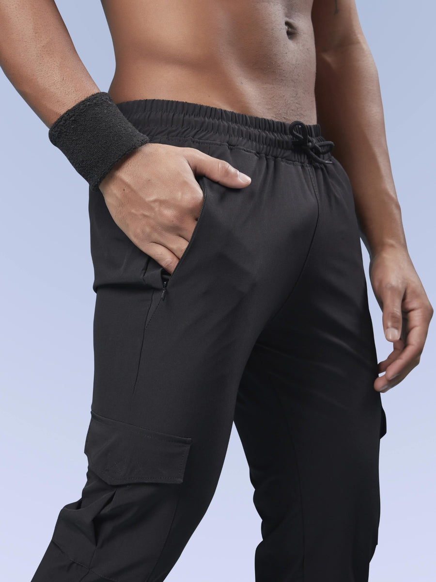 Men Solid Relax Fit Sports Cargo Trackpants at Wholesale Price Special Black J-675-(B) | 4 Pcs Box