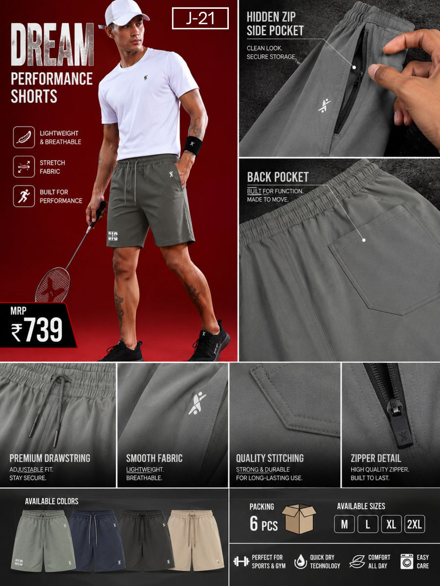 Men Solid Slim Fit Short Pant at Wholesale Price J -21 | 6 Pcs Box
